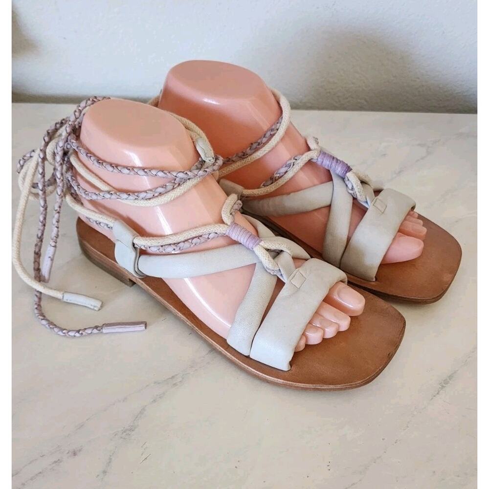Free People Linden Wrap Slip On Leather Ankle Tie Sandals sz 6 NEW Bone Color